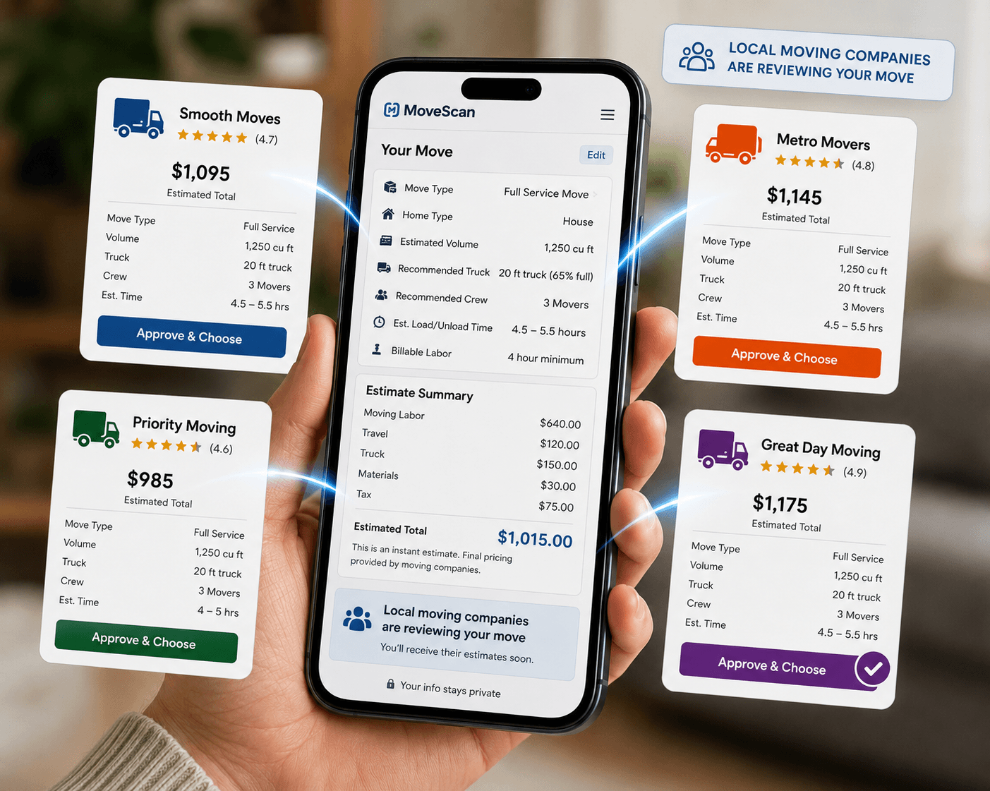 A customer viewing estimates from multiple moving companies on a phone.
